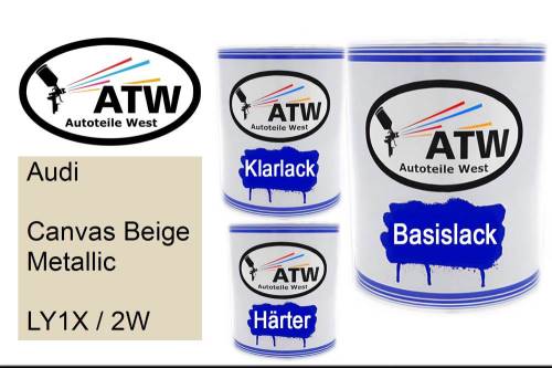 Audi, Canvas Beige Metallic, LY1X / 2W: 1L Lackdose + 1L Klarlack + 500ml Härter - Set, von ATW Autoteile West.